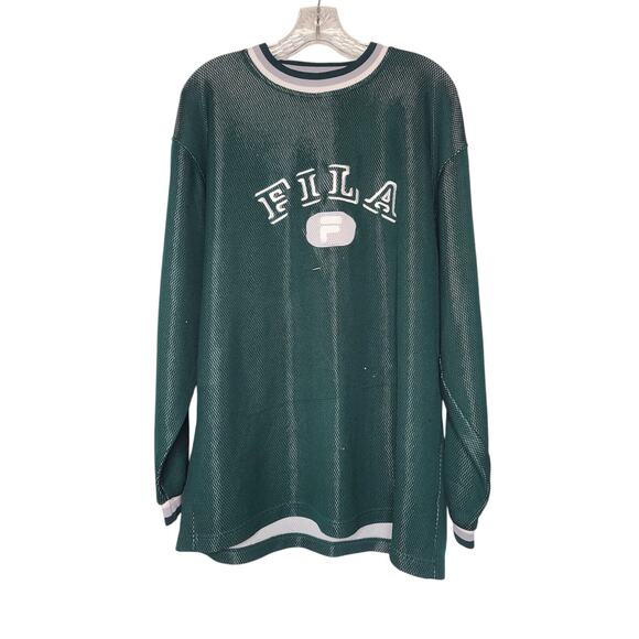 Vintage 90s FILA Jersey Large Teal Green Mesh HIP HOP Streetwear Spellout - Picture 1 of 10